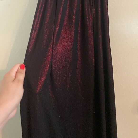 Vintage 90s Y2K Windsor Deep Red Black Mesh Overlay Side Slit Halter Maxi Dress - Picture 8 of 10
